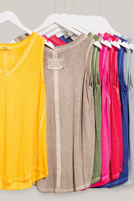 ZENANA WASHED SLEEVELESS V-NECK TOP W HI-LOW HEM