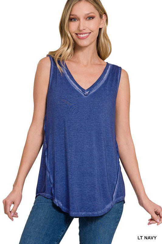 ZENANA WASHED SLEEVELESS V-NECK TOP W HI-LOW HEM