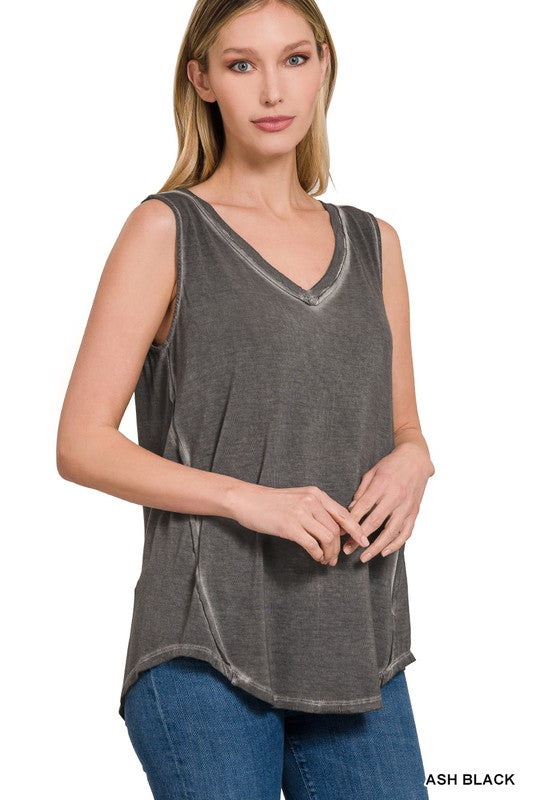 ZENANA WASHED SLEEVELESS V-NECK TOP W HI-LOW HEM