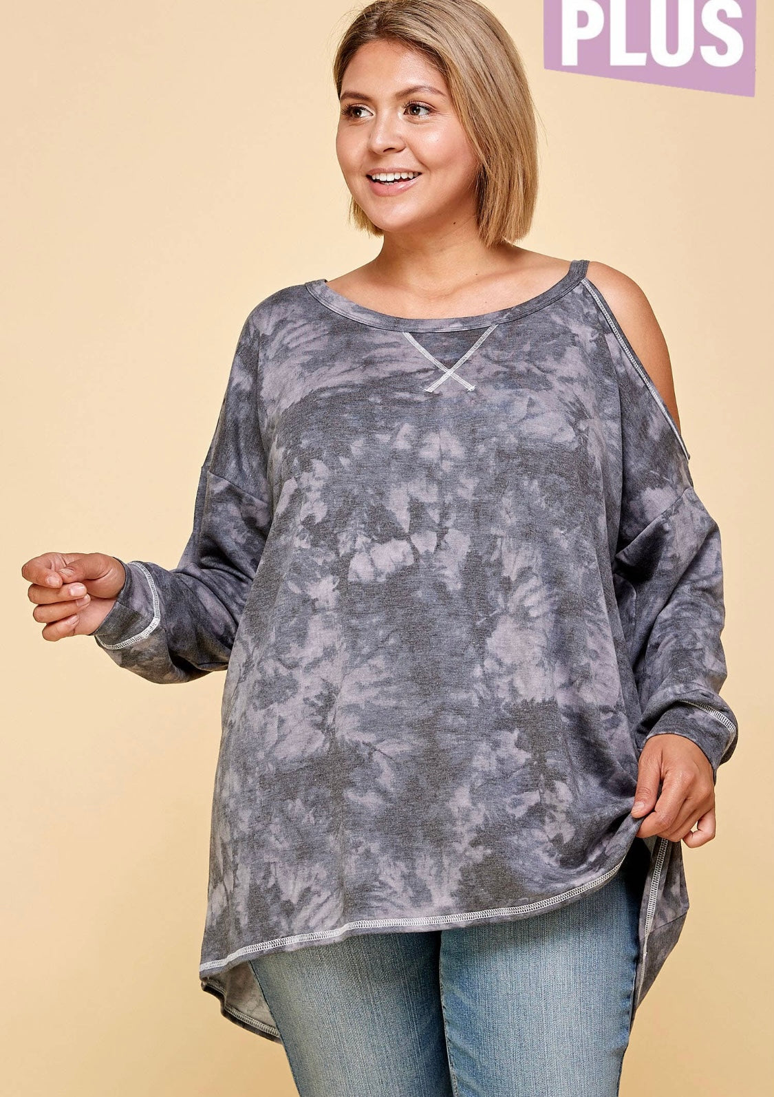 Tie Dye Cold Shoulder Sweater-Curvy