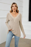 Contrast V-Neck Long Sleeve Blouse