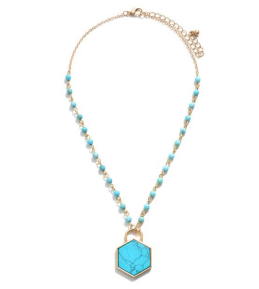 Gold Tone Chain Link Stone Pendant Necklace