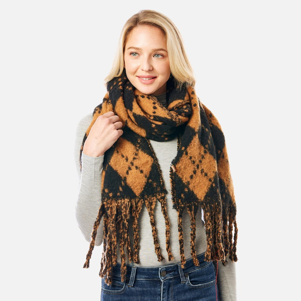 Fuzzy Argyle Scarf with Tassels