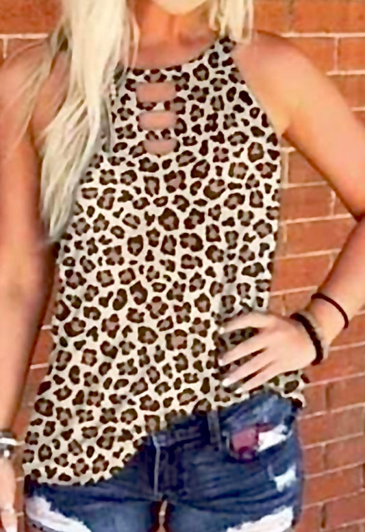 Leopard Cut Out Crew Neck Tank