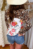 Leopard + Floral Print Patchwork Long Sleeve Top