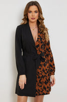 Leopard Color Block Belted Shawl Collar Dress