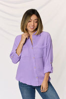 Zenana Texture Button Up Raw Hem Long Sleeve Shirt