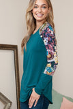 Plus Solid Floral Contrast Long Sleeve Top