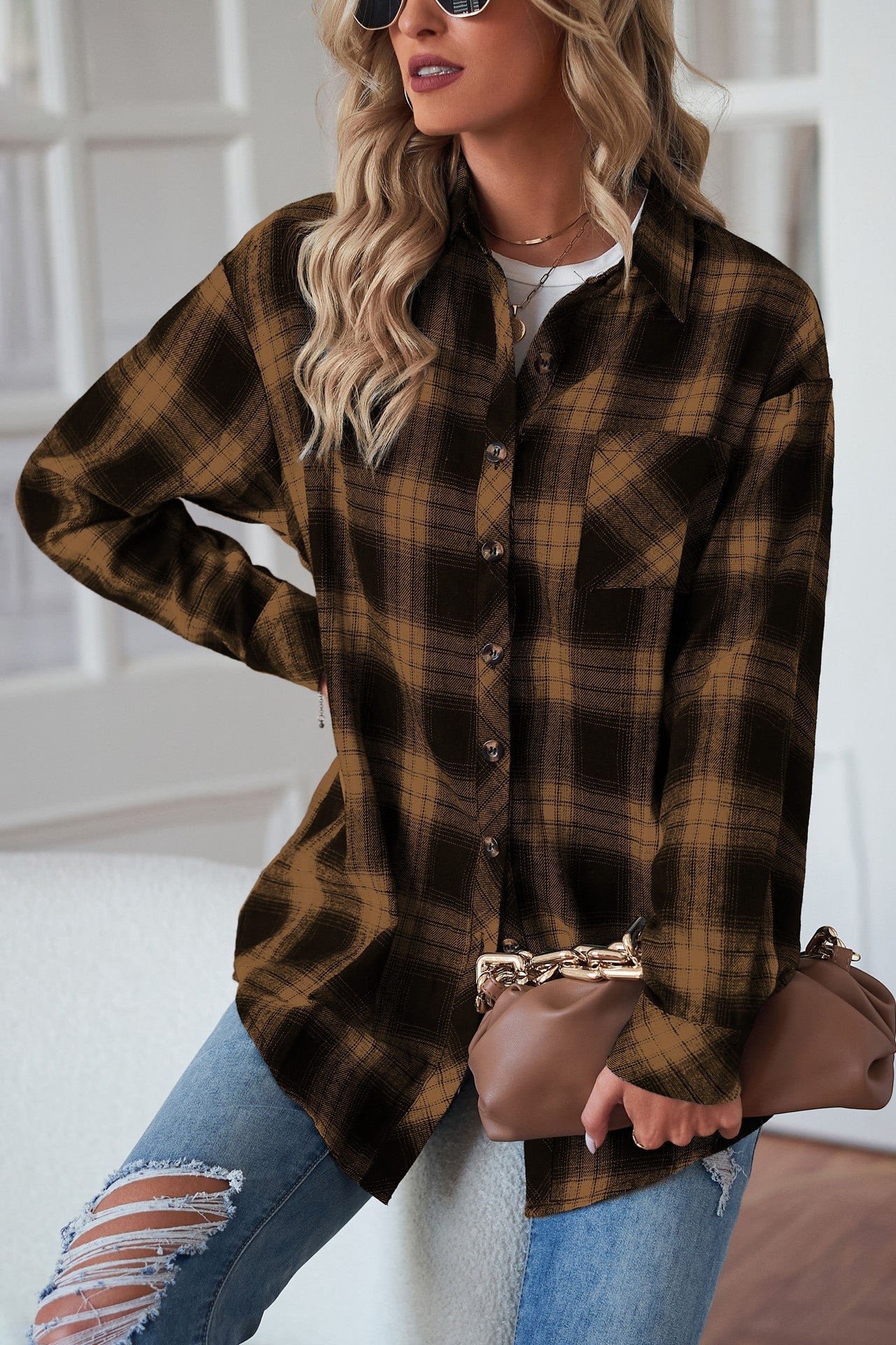 Plaid Curved Hem Longline Shirt