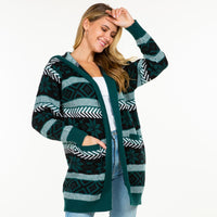 Hooded Knit Abstract and Nordic Snowflake Printed Open Hooded Cardigan