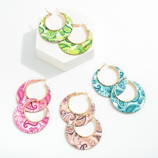 Paisley Print Drop Hoop Earrings