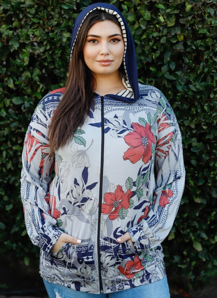Navy Rust Flower Print Contrast Striped Hooded Zip Up Full Size Run