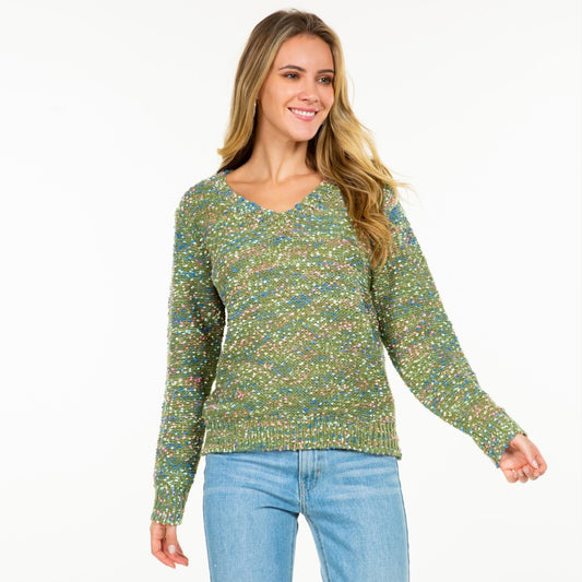 Green Knitted V-Neck Confetti Sweater