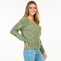 Green Knitted V-Neck Confetti Sweater
