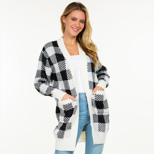 Knit Plaid Open Cardigan with Pockets