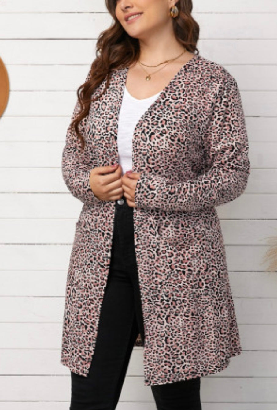 Leopard Print Open Front Cardigan-Curvy