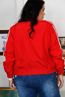 Red & White Retro Le Mans Stripe Trim Sporty Windbreaker Bomber Jacket-Curvy