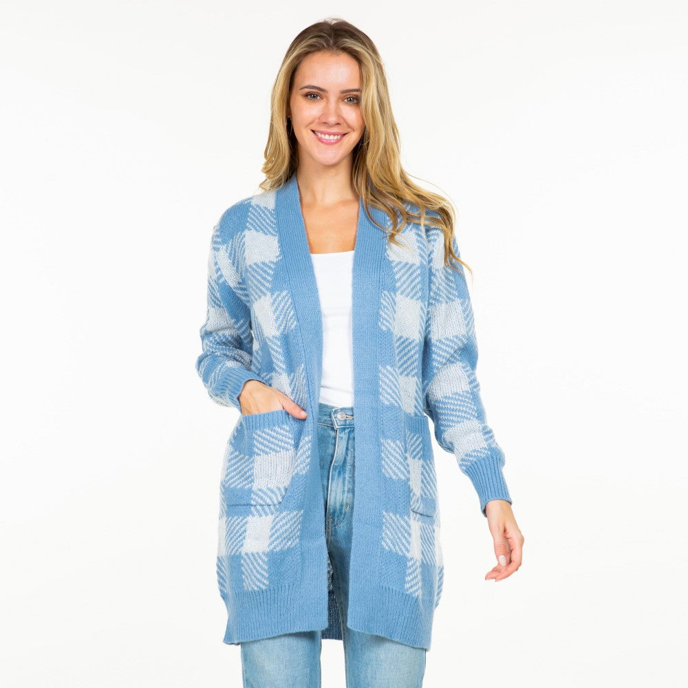 Knit Plaid Open Cardigan with Pockets