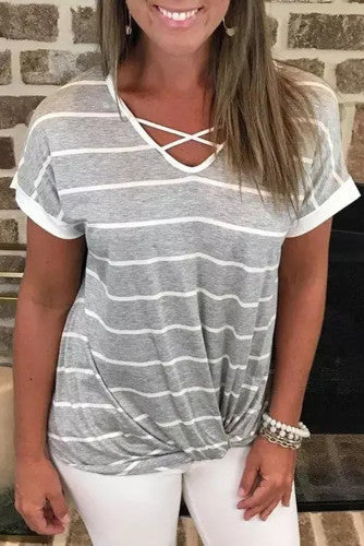 Grey Striped Criss Cross Top