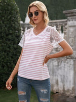 Lace Detail Striped V-Neck T-Shirt