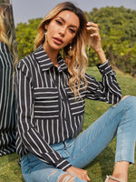 Collared Neck Striped Long Sleeve Shirt