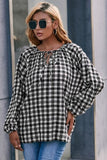 Plaid Tie Neck Balloon Sleeve Blouse