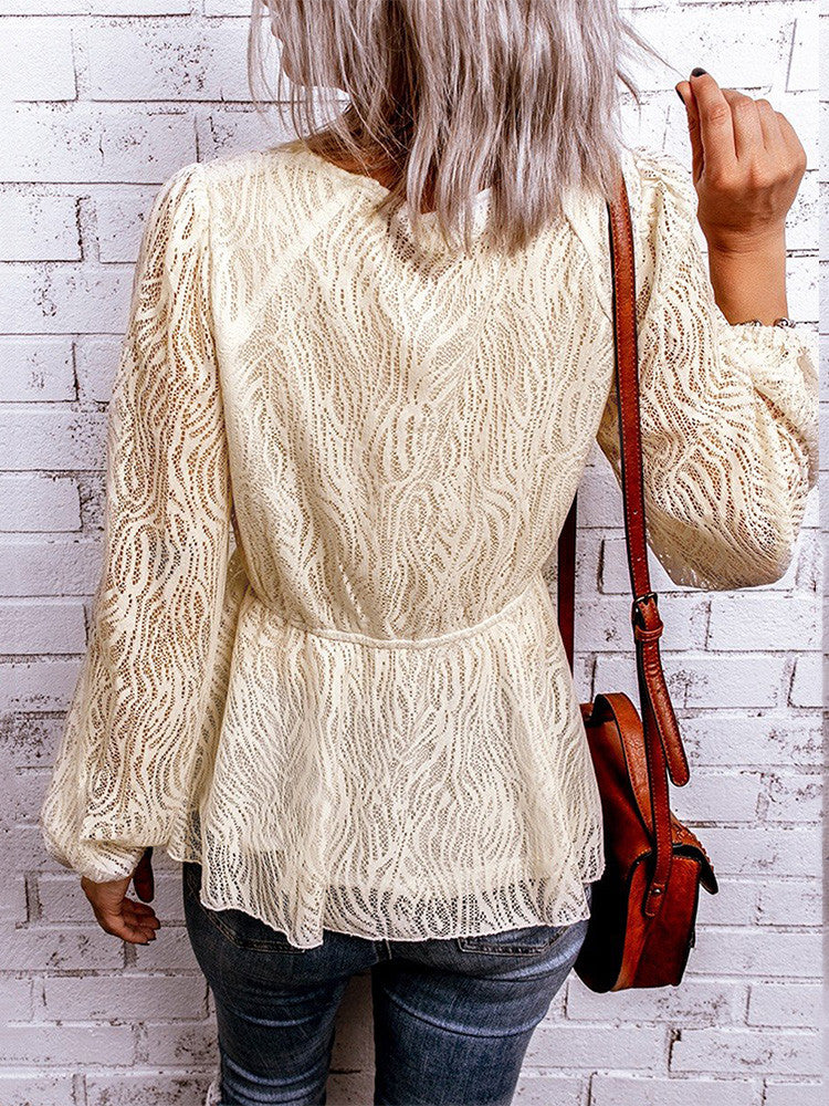 Apricot Lace V Neck Bubble Sleeves Flowy Blouse