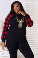 Heimish Full Size Sequin Reindeer Graphic Plaid Top