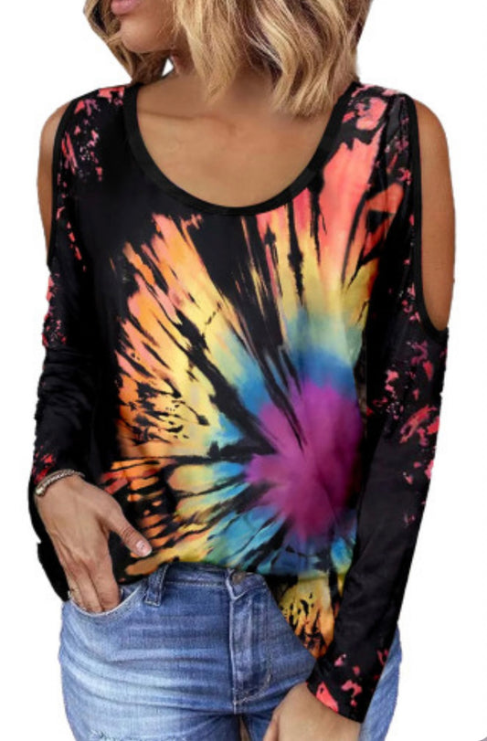 Tie-dyed Long Sleeve Cold Shoulder Blouse