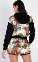 Satin Effect Animal Print Hooded Top & Short Set