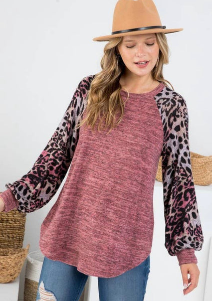 P&R Rose Leopard Print Sleeve Mauve Hacci Sweater Top-Curvy