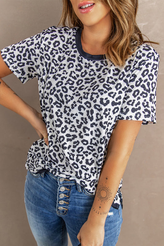 White Crew Neck Leopard Side Split T-shirt