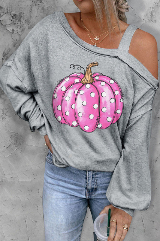 Pink Polka Dot Pumpkin Cold Shoulder Top