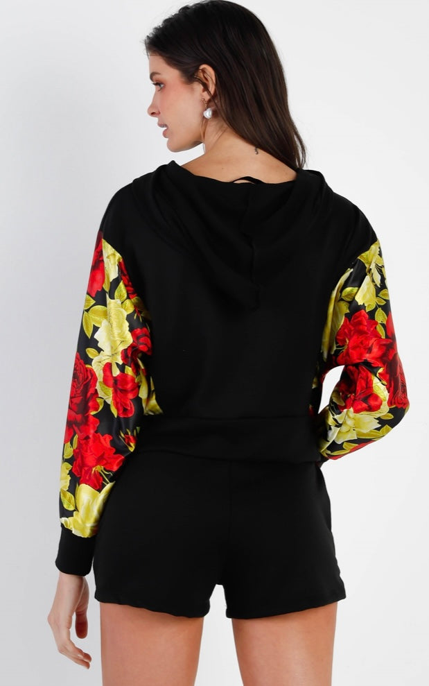 Satin Effect Red & Lime Floral Print Hooded Top & Short Set
