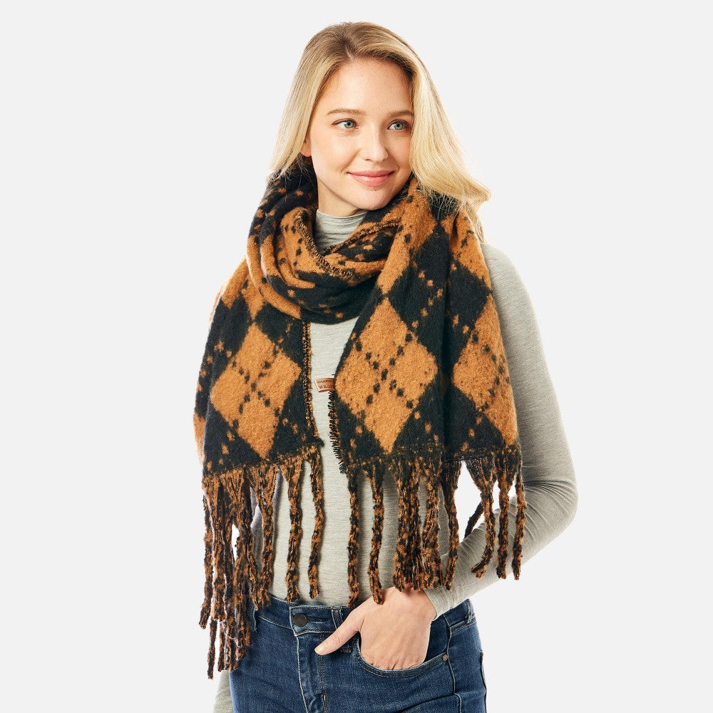 Fuzzy Argyle Scarf with Tassels