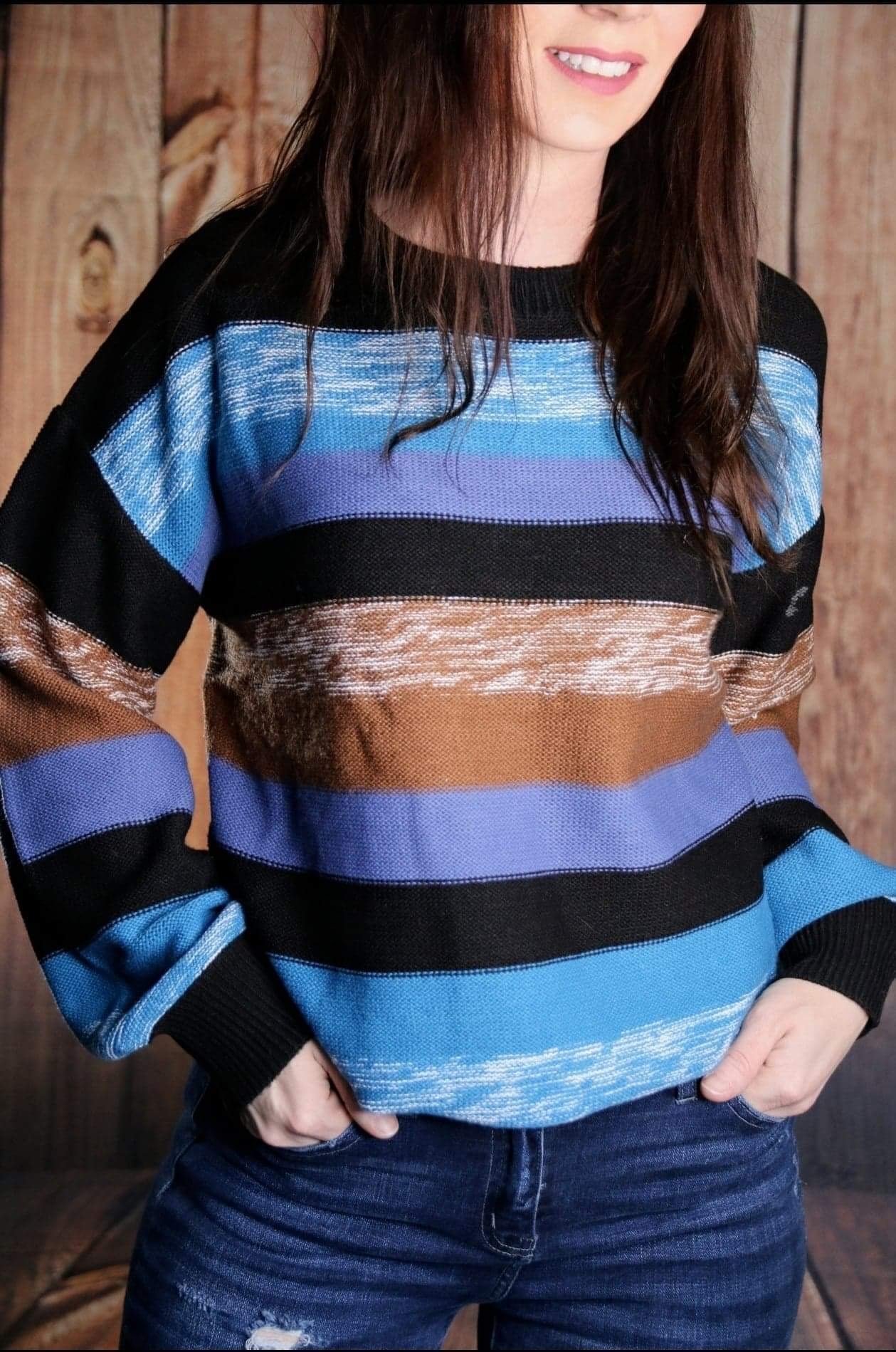Blue Color Block Highlight Balloon Sleeve Sweater