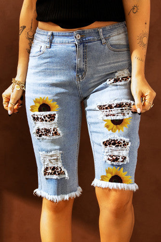 Sunflower leopard Print Ripped Denim shorts