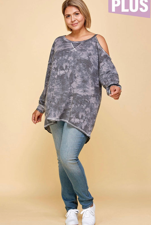 Tie Dye Cold Shoulder Sweater-Curvy