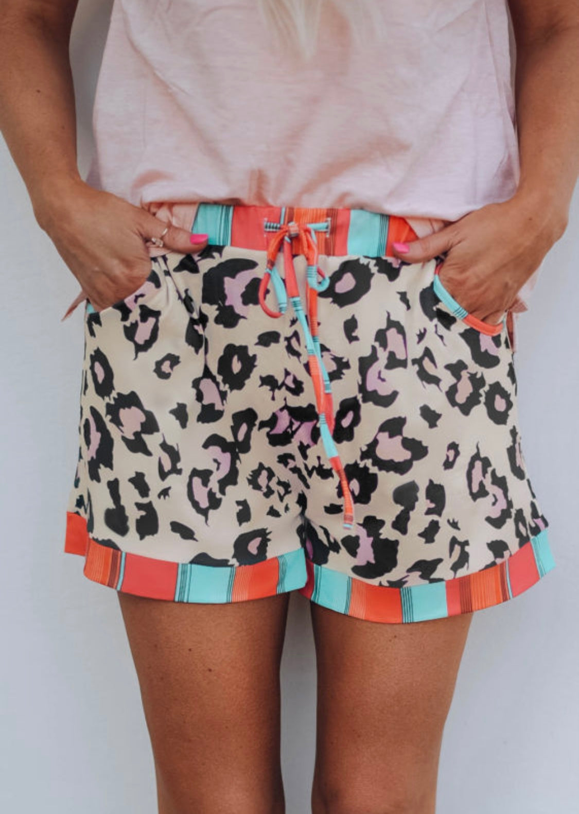 Colorblock Trimmed Leopard Print Shorts