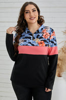 Plus Size Floral Color Block Quarter Zip Pullover