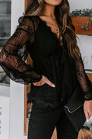 Lace Detail Plunge Long Sleeve Blouse