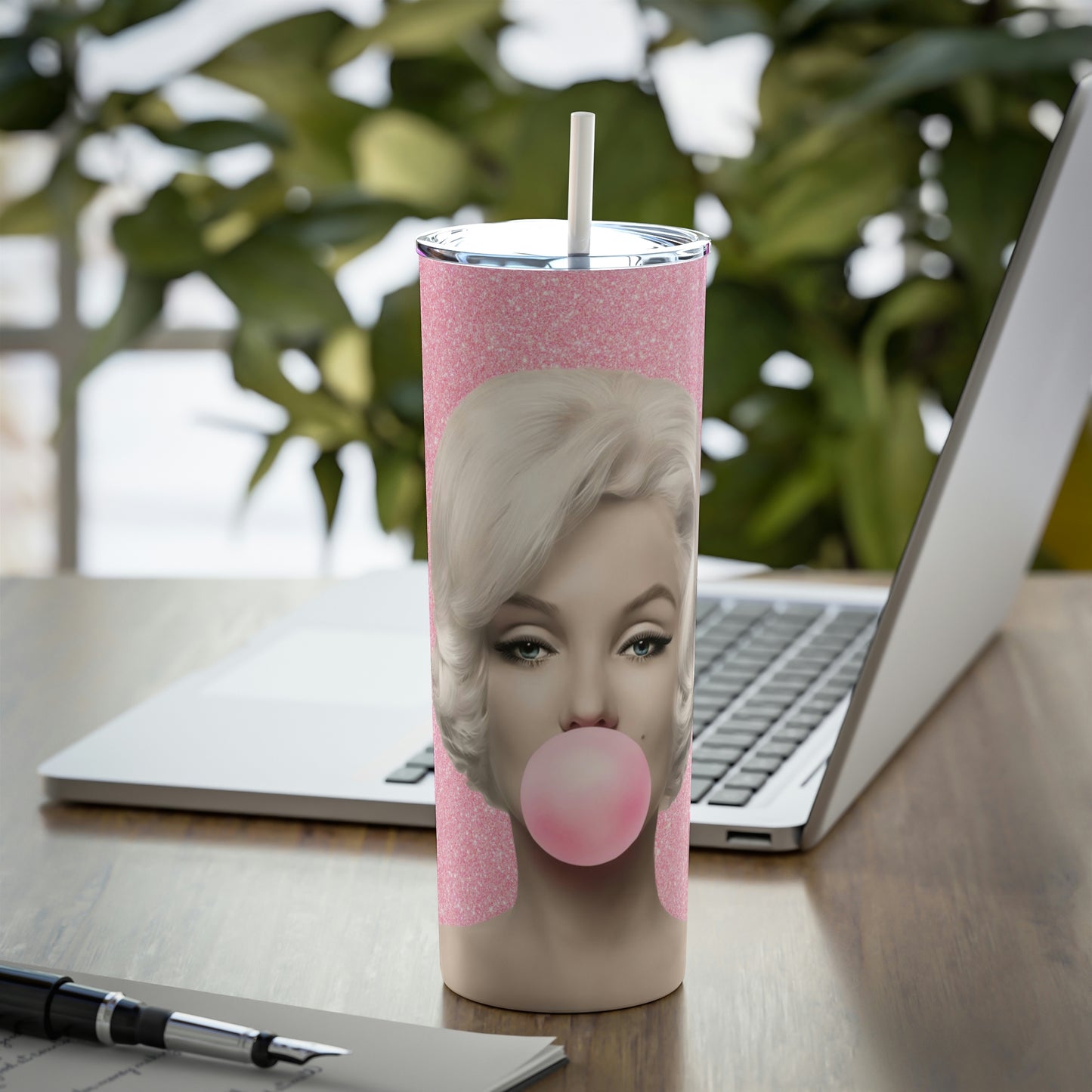 Bubblegum Pink Marilyn Skinny Steel Tumbler with Straw, 20oz