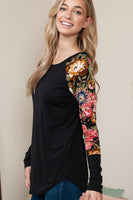 Plus Solid Floral Contrast Long Sleeve Top