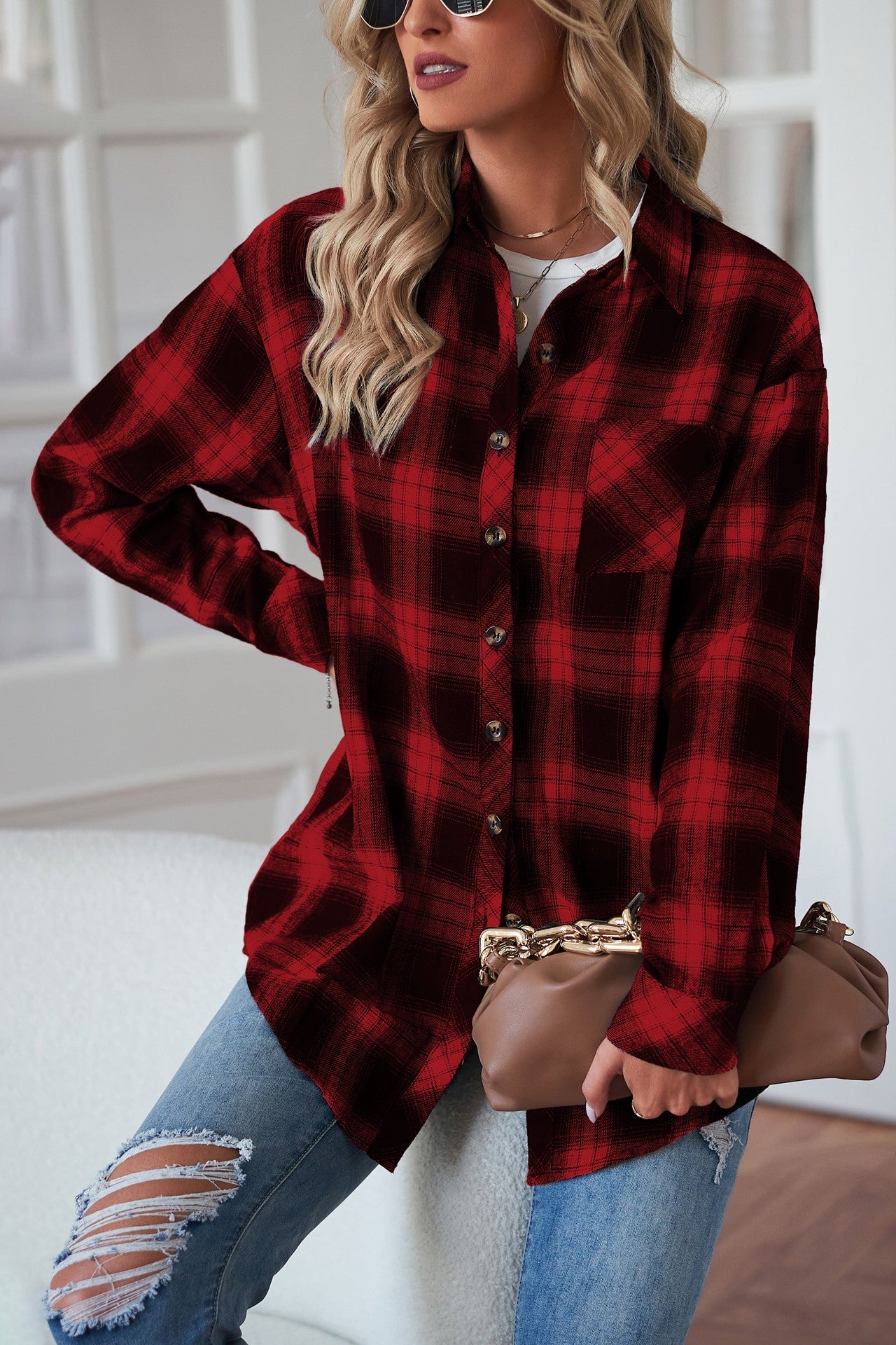 Plaid Curved Hem Longline Shirt
