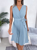 Tied Surplice Sleeveless Pleated Dress