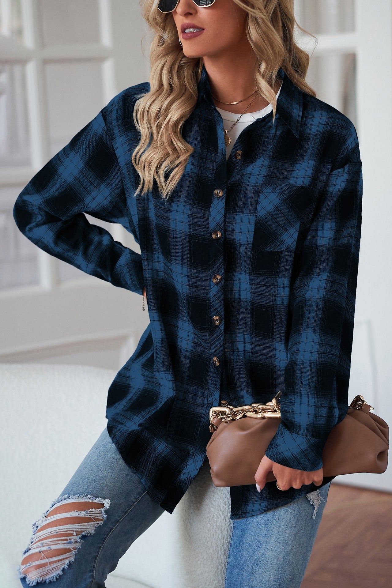 Plaid Curved Hem Longline Shirt