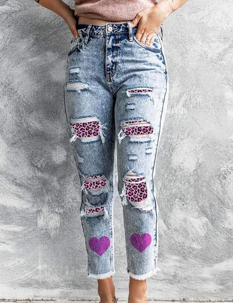 Super Cute Purple Leopard patched Jeans