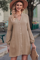 Notched Button Up Balloon Sleeve Longline Top