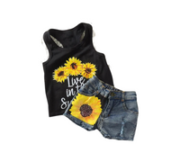 Toddler Girls Letter And Sun Flower Graphic Vest With Denim Shorts