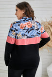 Plus Size Floral Color Block Quarter Zip Pullover
